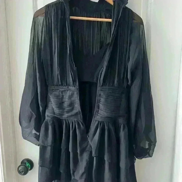 NWT  Express Mock Neck Long Sleeve Pleated Waist Tiered‎ Ruffle Mini Size 0 - Picture 4 of 9